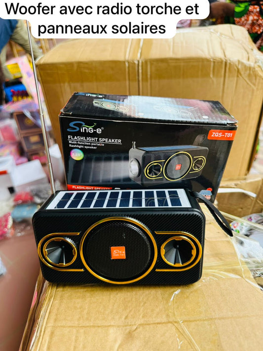 🔊 Woofer Portable Multifonction avec Radio, Torche & Panneaux Solaires